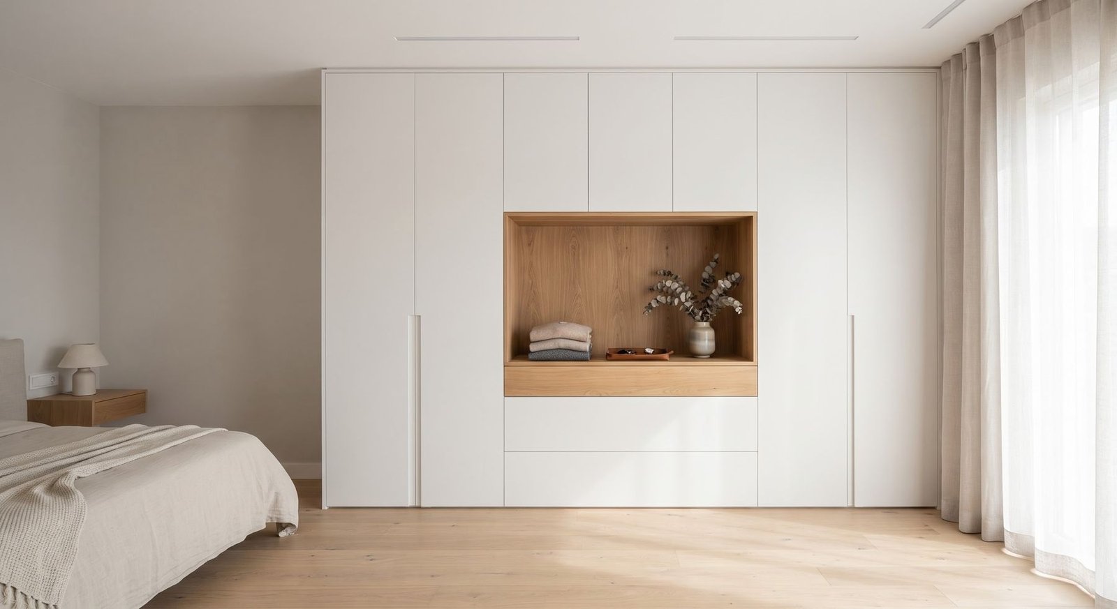 Closet empotrado blanco con nicho de roble