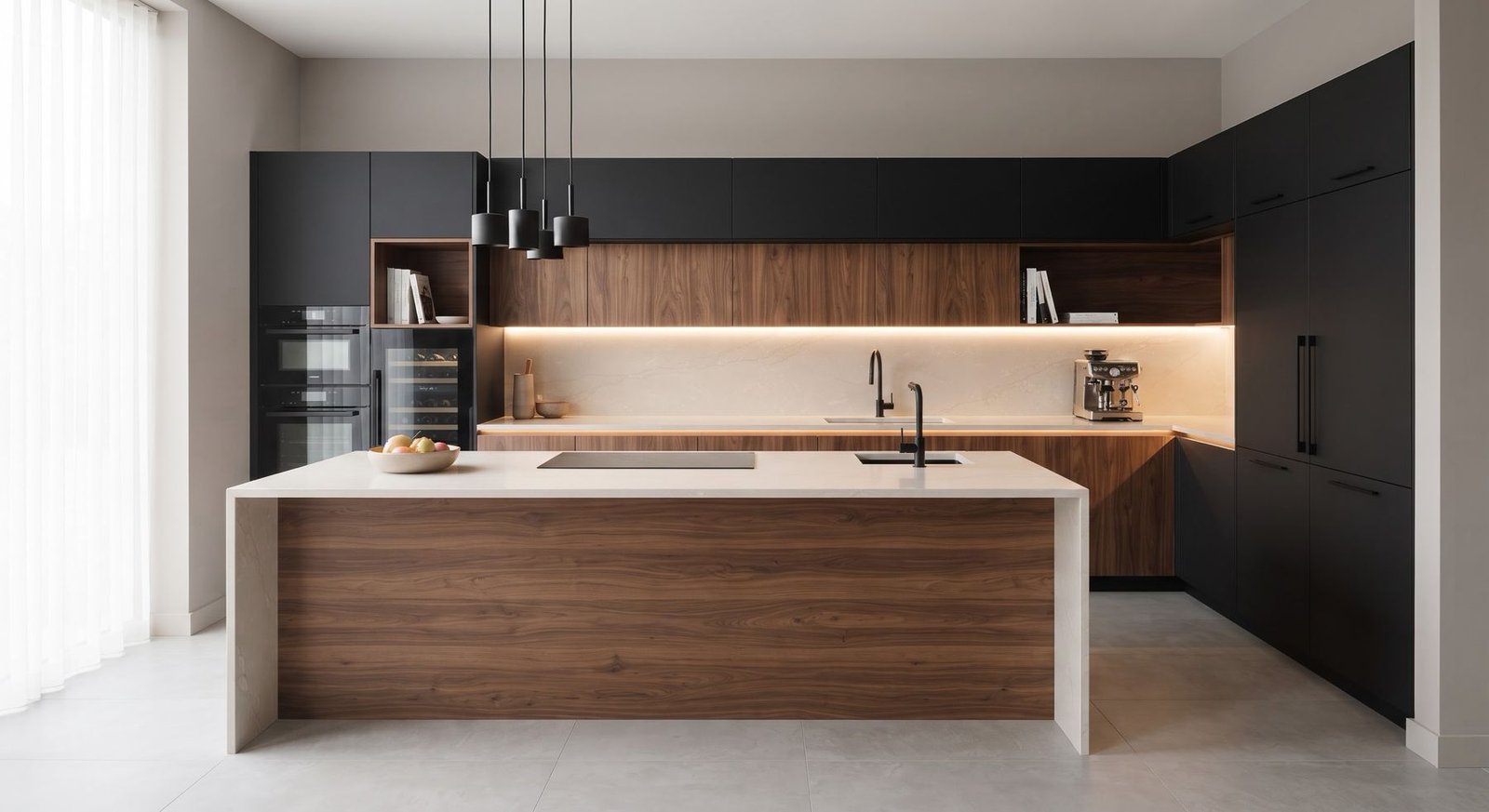 Cocina integral en negro mate y nogal