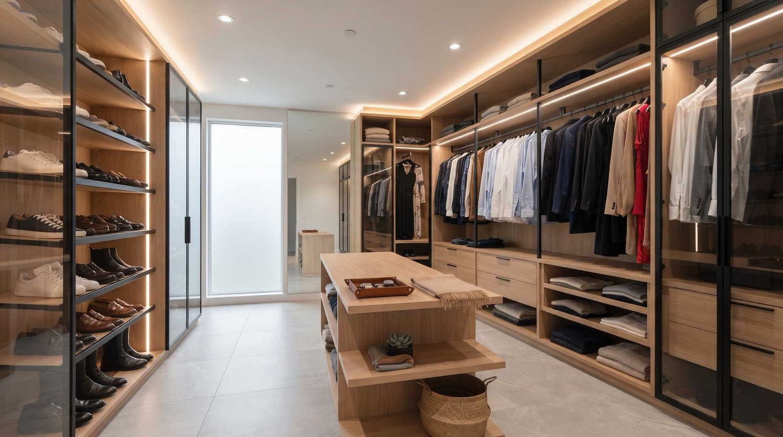 Vestidor en roble con vitrinas de cristal
